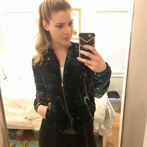 Velour dark green floral bomber jacket